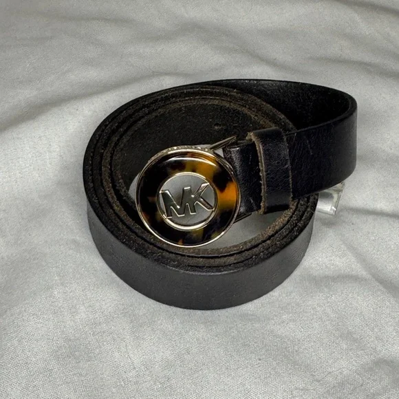🖤 Michael Kors Black Leather Belt with Tortoise MK Logo Buckle