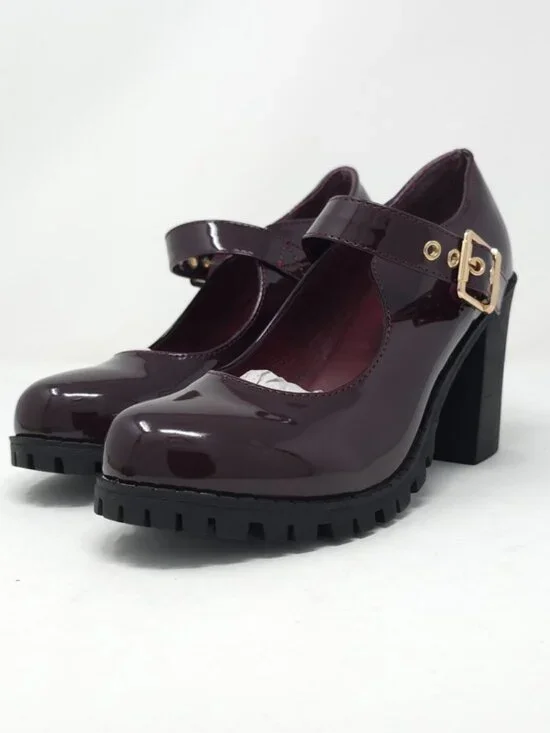 Burgundy Patent Faux Leather Mary Jane Platform Chunky Heel Lug Sole Trendy