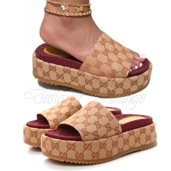 NEW GUCCI Angelina GG Beige Monogram Platform Slide Sandals Size EU 38.5 US 8.5