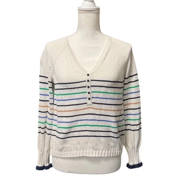 NIC+ZOE White Striped Henley Sweater‎ PM Nautical Preppy Coastal Chic