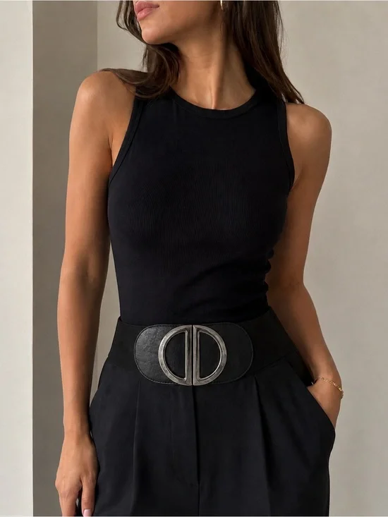 Classic Black Wide Faux Leather Waist Belt with Silver Circle Buckle