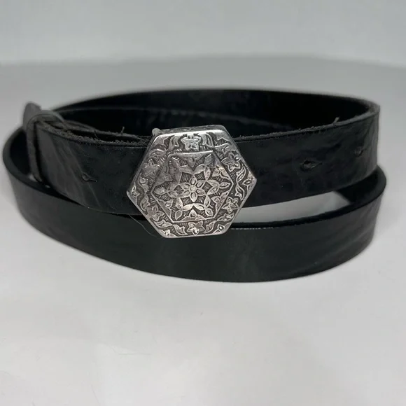 Vintage Nordstrom Ibel Pewter Buckle Black Leather Belt Made In Italy 32