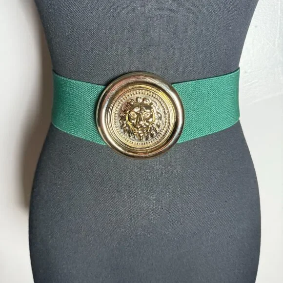 Green Elastic Belt with Gold Lion Buckle Large? *FAINT SPOT*