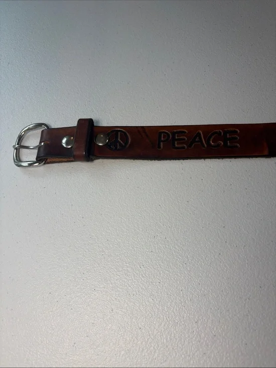 Leather 'Peace' Embossed Brown Vintage Belt - Medium