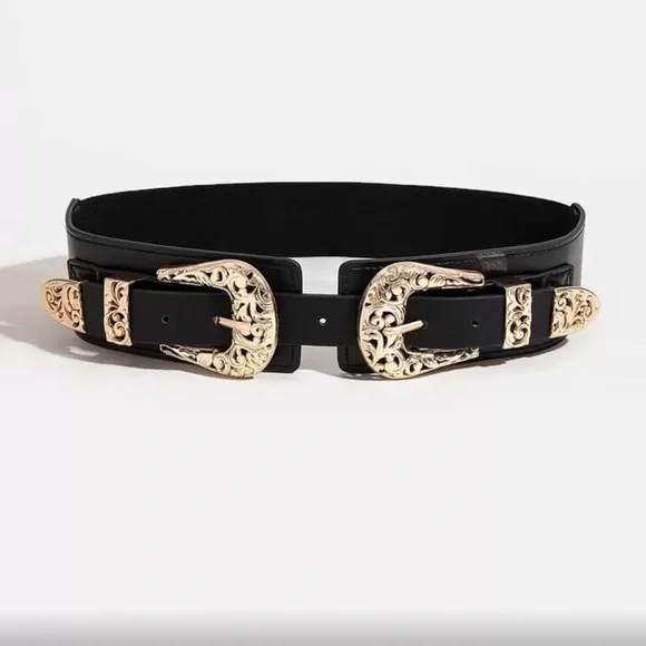 Elegant Western Double Buckle Black and Gold Women's Stretchy Belt