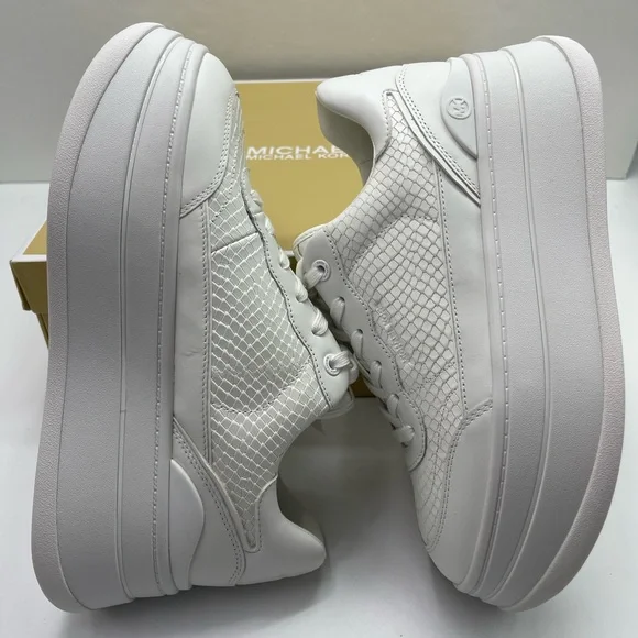 MICHAEL Kors All-White Platform Sneakers HAYES LACE UP EMBOSSED PRINTED LEATHER