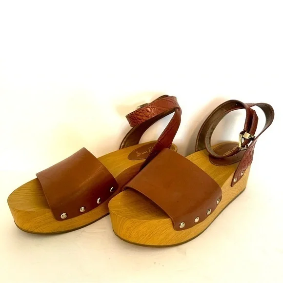 Sam Edelman Wood Platform Clog Sandel Brown Leather Size 8