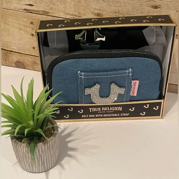 True Religion Denim Belt Bag with Rhinestone Logo