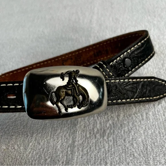 Acme Vintage Brown Leather Belt 26 With Bucking Bronc Cowboy Buckle made in USA