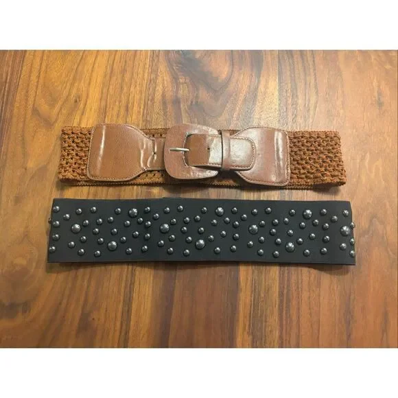 Lot of 2 Womens Black Brown Leather Woven Studded Wide Elastic Belt Small/Medium