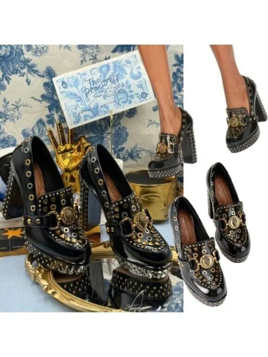 🆕 KURT GEIGER LONDON 🧿 NWOB Mansion Black Patent Studded Loafer Platform Sz 7