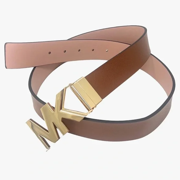 Michael Kors Reversible Gold MK Logo Belt Brown/Pink