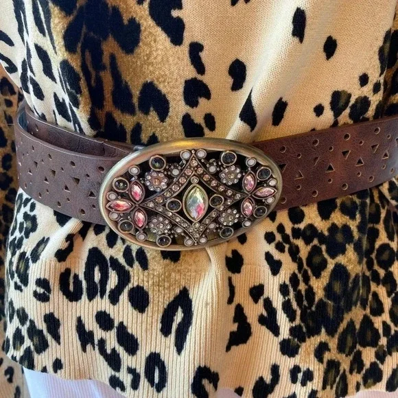 Beautiful Rhine Stones Faux Leather Belt Women Size 1 32.5”