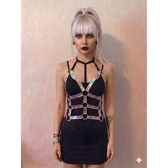 Widow x Dolls Kill Future Chaos Metallic Silver Holographic Body Harness L/XL