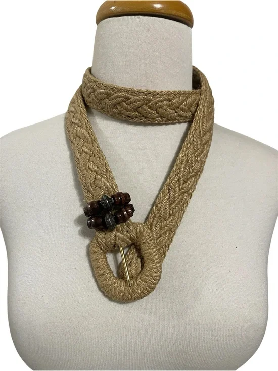 Braided Natural-Tone Woven Rope Belt with Wooden Bead Accents