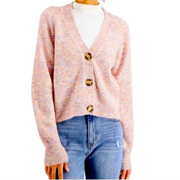 Hooked Up Pink Space Dyed Cropped Vneck Cardigan‎ Womens Size Small Multi Color