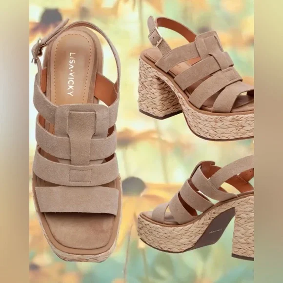 NWT Lisa Vicky Just Strappy Platform Sandal in Tan Split Suede - Size 7.5