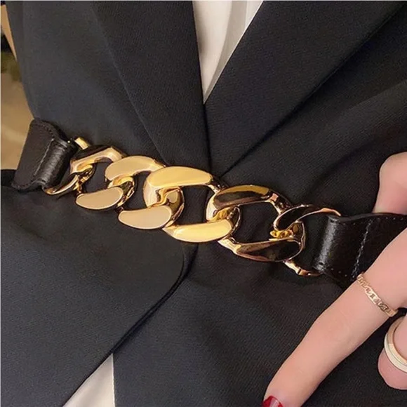 Luxe Black and Gold Vegan Leather Chain Snap Button Belt
