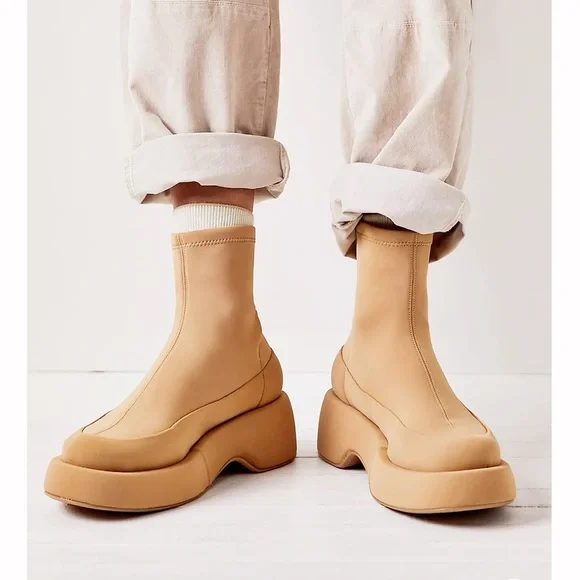Free People Paloma Barcelo Anything Goes Stretch Boots Tan Beige Platform 39