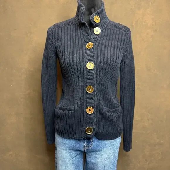 Talbots Petites Pima Cotton Rib Knit Cardigan Sweater Navy Blue Size Small