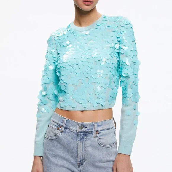 Alice + Olivia DELFINA CROPPED PAILLETTE PULLOVER S