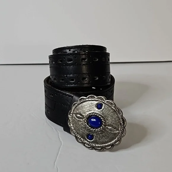 Leather Belt with Silvertone Buckle Black Pre-owned
