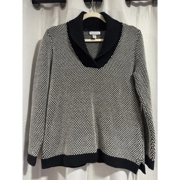 Charter Club‎ Womens Shawl Collar Metallic Knit Sweater Black White Size Medium