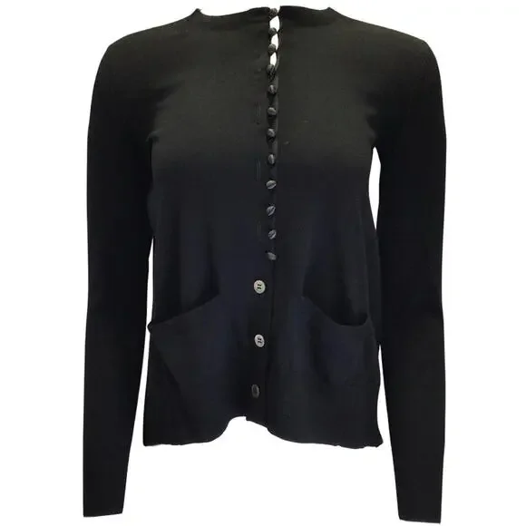 Sacai Satin Panel Back Fine Gauge Knit 100% Wool Cardigan Black S FLAW