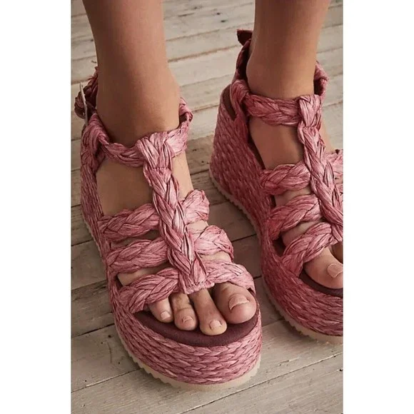 Free People Raffia Rendevous Platform Sandal Pink Braided Weave Buckle 39/9 NEW