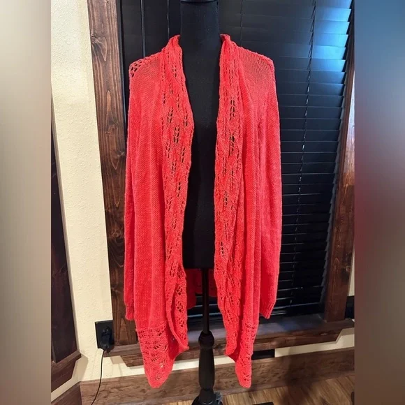 New Directions Long Open Knit Cardigan Coral Red 2X