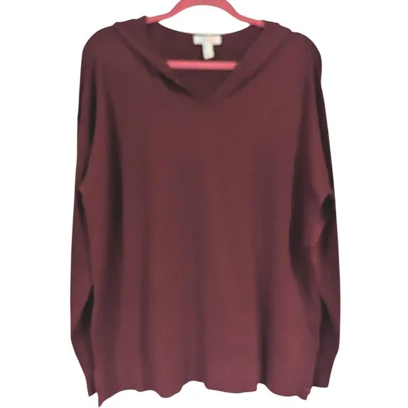 Denim & Co Hooded Sweater Large Burgundy V-Neck Knit Pullover Cozy Casual