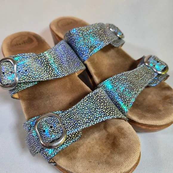 Dansko Sophie Sandals Iridescent Blue Leather Platform Wedge Womens 40 9.5