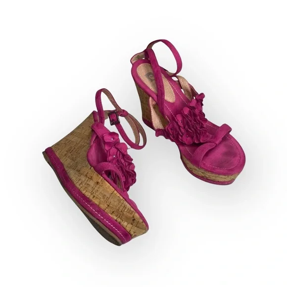 Vintage 90s: Pierre Cardin ♚ Embellished Suede Cork Platform Heels ♚ Fuchsia 39