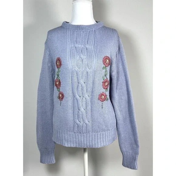 Vintage Purple Cable Knit Sweater Floral Embroidered Cottagecore S/M Grannycore