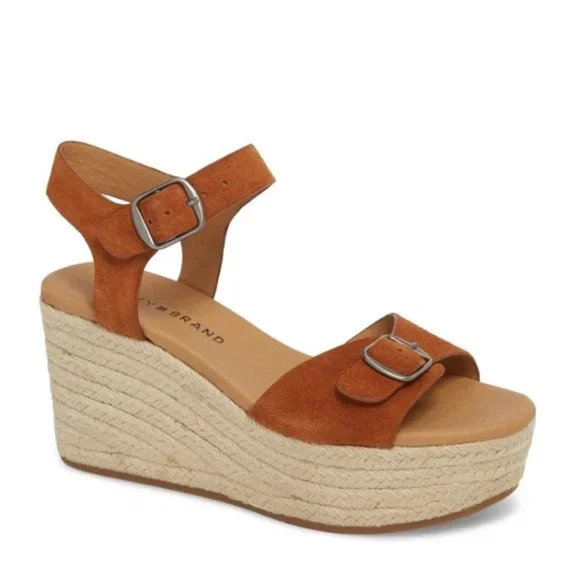 LUCKY BRAND Tan Naveah Suede Buckle Platform Espadrille Sandals Size 10
