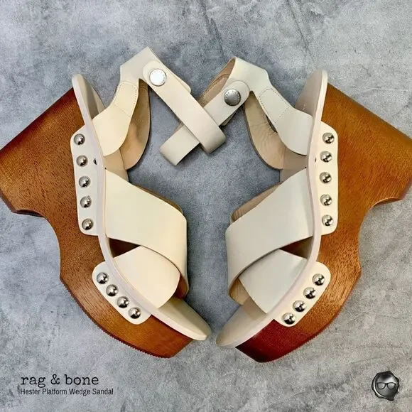 RAG & BONE HESTER LEATHER ANKLE-STRAP WEDGE PLATFORM SANDALS IN IVORY SIZE 9