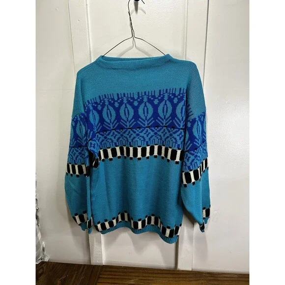 Vintage Color Block Blue And Black Knit Retro Sweater Womens Large