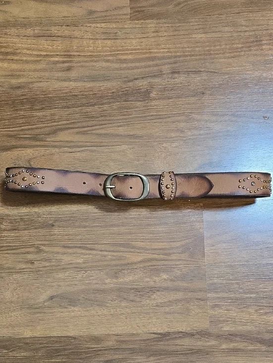 The Leathery Studded Brown Leather Belt with Antique Brass Buckle
