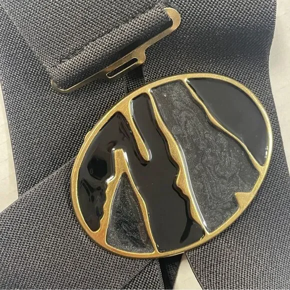 Vintage Art Deco Elastic Belt. Black, Charcoal Gray, & Gold tone Oval Buckle