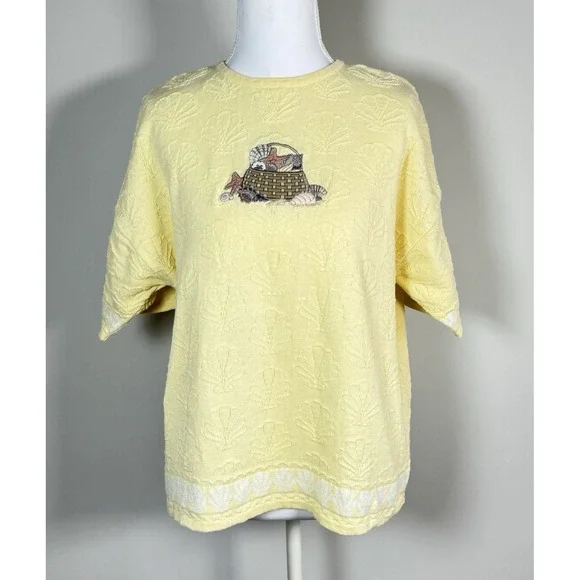 Vintage La Moda Cotton Ramie Textured Shell Motif Knit SS Sweater Yellow Sz L