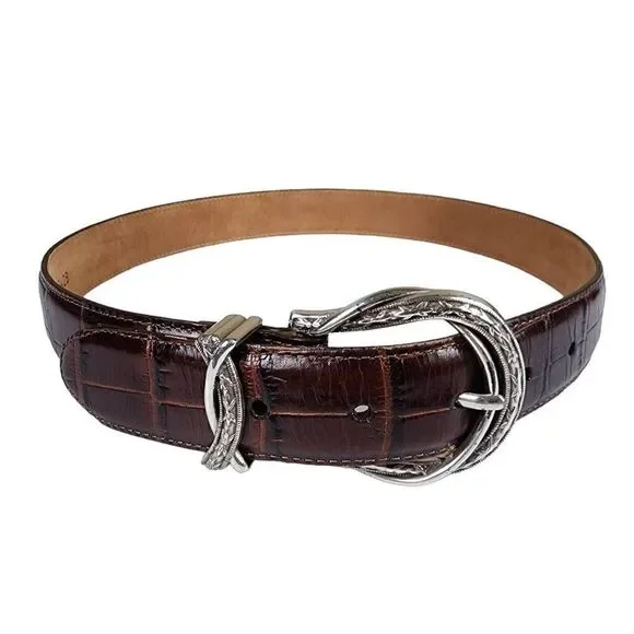 Vintage Brighton- Women’s Belt Brown Moc Crocodile Silver Buckle, Size Medium
