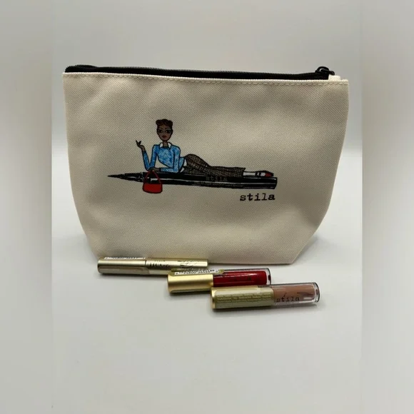 Stila 4pc Gift Set Bag Liquid Lipstick Eyeshadow Mascara Sleepover Makeup Beauty
