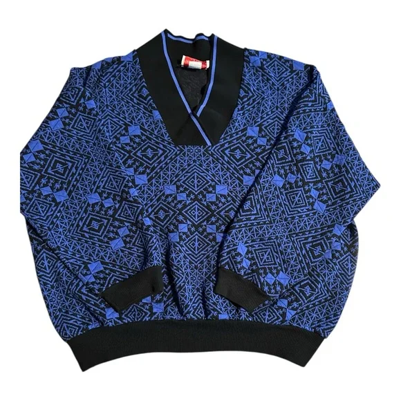 Vintage Young Stuff Geometric Deep Periwinkle Black Knit Sweater Made in USA L
