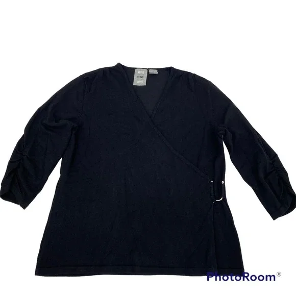 VERVE XL Black Wrap Style Knit Top Shirt Draped Dolman Sleeve Ring Detail Casual