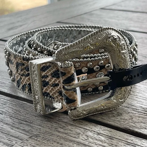 Guess Leopard Print Rhinestone Studded Western Belt Size Large NWT
