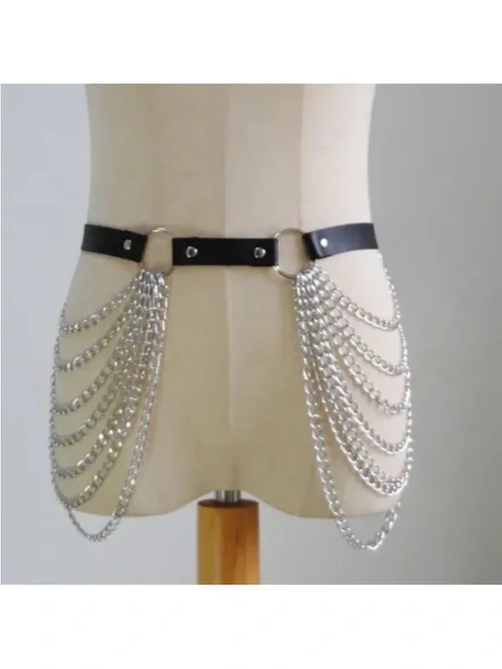 Silver Chain Fringe Layered Waist Belt with Black Leather Strap