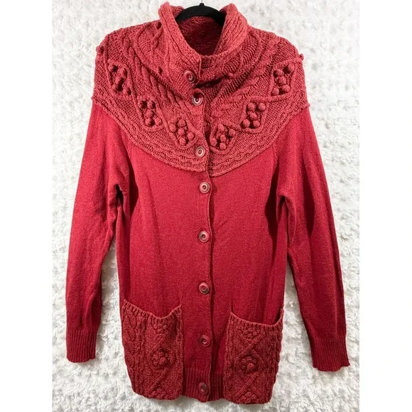Sleeping‎ on Snow Anthropologie Womens Red Cable Knit Cardigan Sweater Large