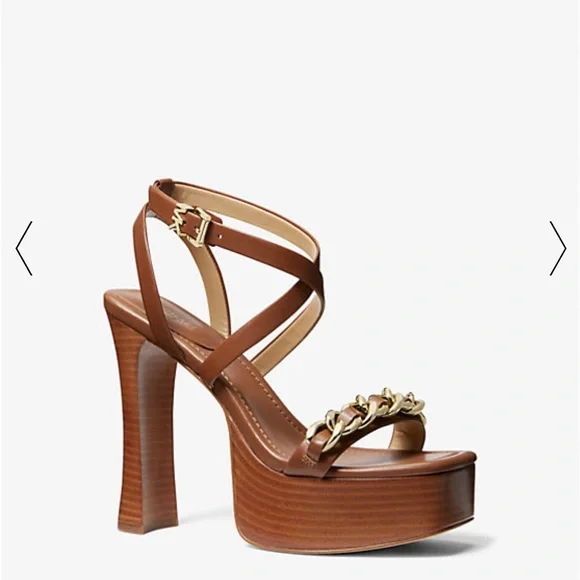 MICHAEL KORS Paola Chain Embellished Leather Platform Sandal✨brand new