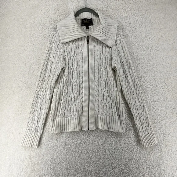 Ralph Lauren Women's Ivory Cable Knit Cotton Zip Sweater Cardigan Large Preppy