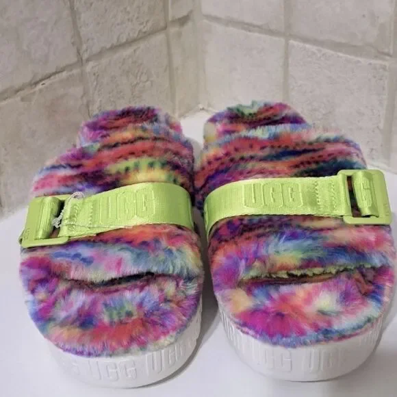 UGG Fluffita Platform Fuzzy Rainbow Slide Shoes Size 7